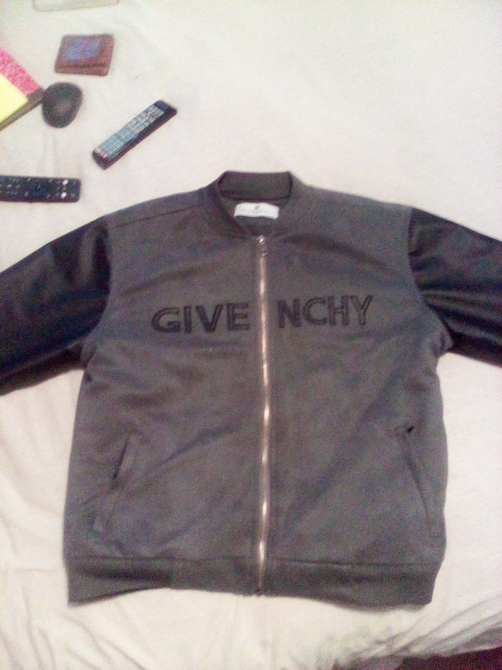 Givenchy Charcoal Gray and Black Bomber Jacket with Raised Logo